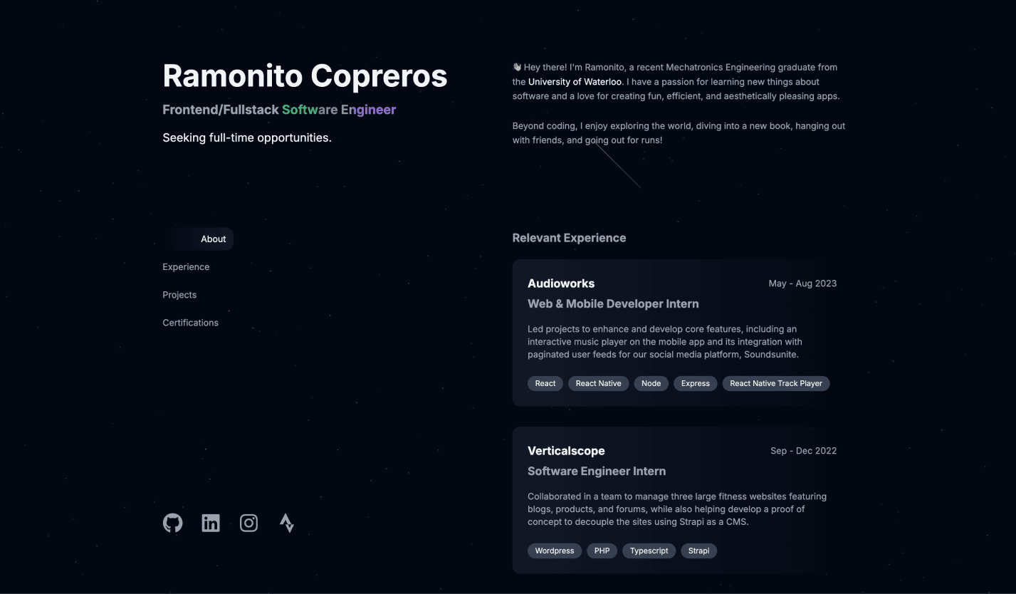 Personal site landing page view