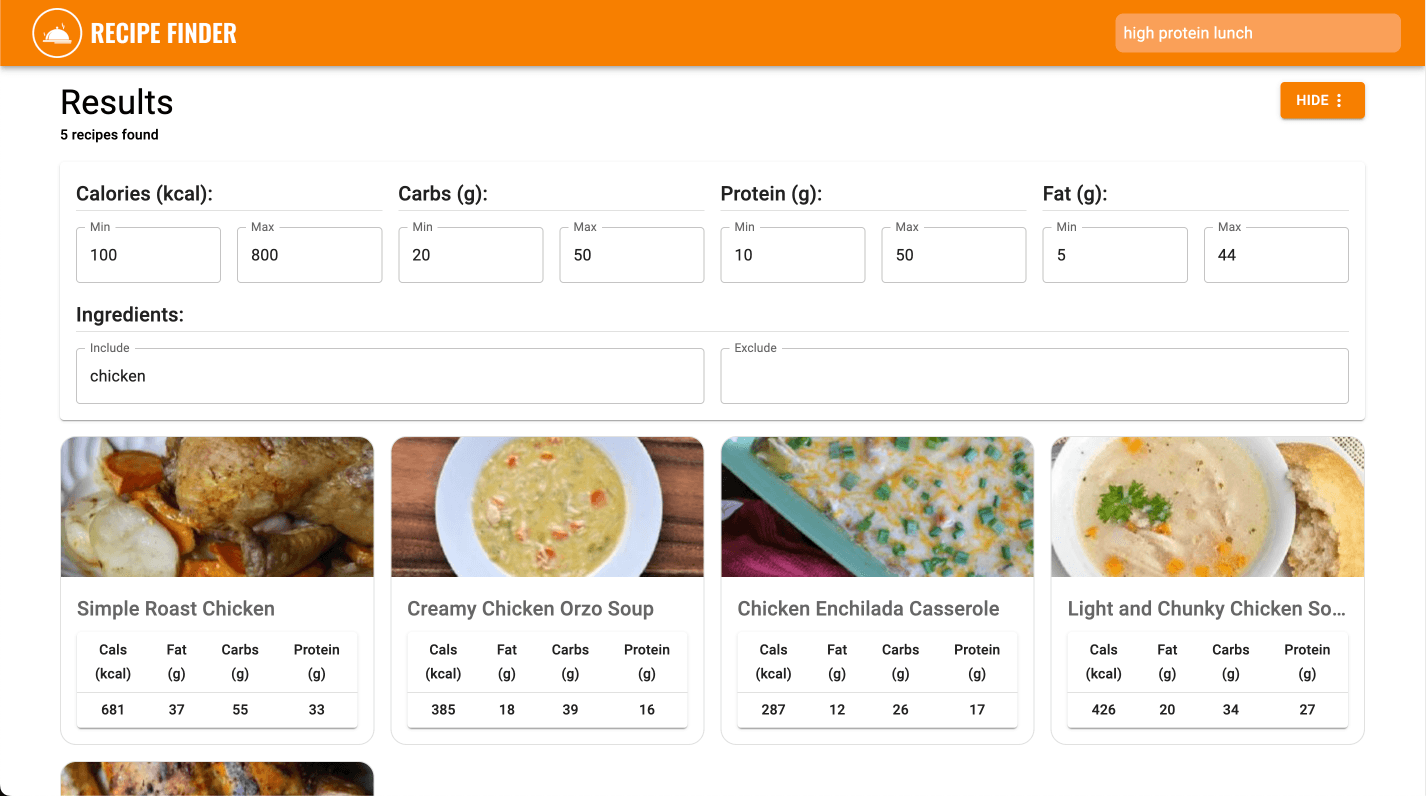 Main page of recipe finder app