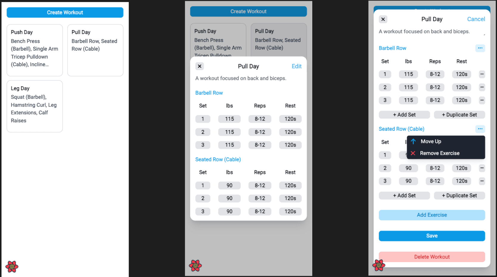 Mobile views of workout tracker app